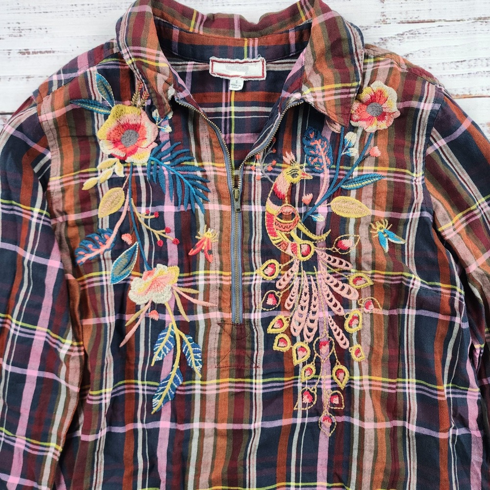 Johnny Was Shuri Plaid 1/4 Zip Tunic Women's S Multicolor Peacock Embroidered
